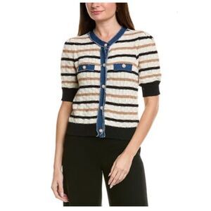 Ellen Tracy Knit Short Sleeve Cardigan Frayed Denim Details Size Small
